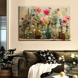 Bohemian floral canvas wall art with solid wood frame