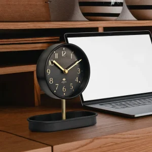 Black and Gold Tabletop Clock with Trinket Tray